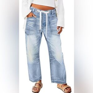 Flamingals Wide Leg Mid Waist Causal Baggy Barrel Jeans Drawstring Eyelet 3XL